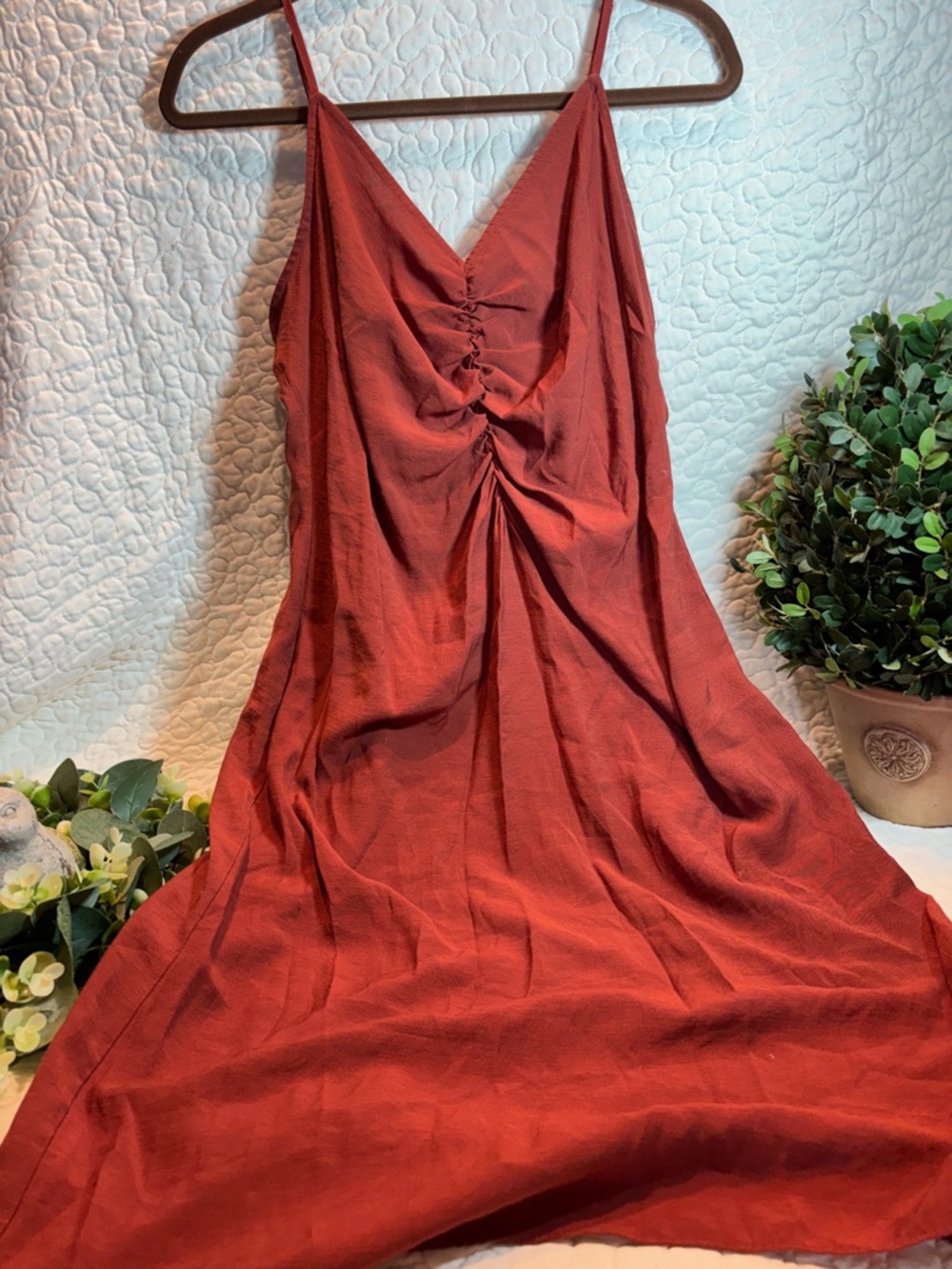Nine West Rust Red Ruched V-Neck Slip Midi Dress